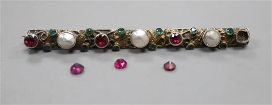 A 19th century Austro-Hungarian gilt white metal and gem set bar brooch, 69m.